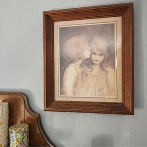 Vintage Margaret Keane Big Eyes Framed Lithograph Print "A Little Kiss" Large